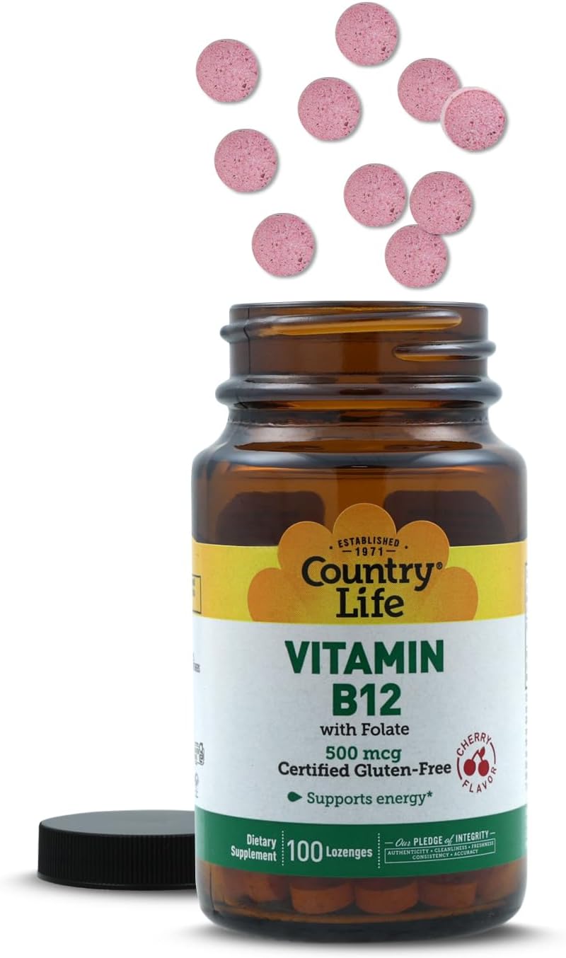 Country Life Vitamin B12 with Folate - 500mcg, 100 Lozenges - Supports Energy Metabolism & Red Blood Cell Formation - Vegan, Gluten Free, Non-GMO - görsel 6