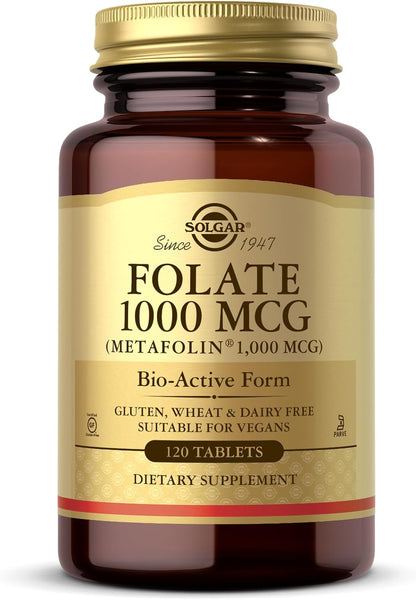 Solgar Folate 1000 mcg - 120 Tablets - 1000 mcg Bio-Active Metafolin - Vegan, Gluten free, Dairy-free, Kosher - 120 Servings