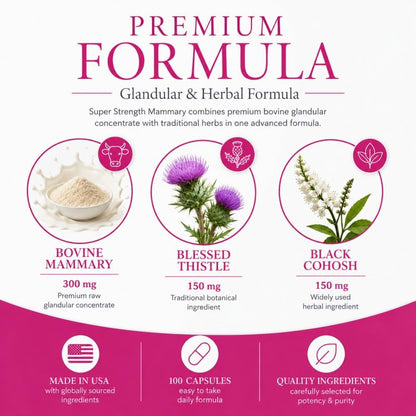 Super Strength Mammary Natural Breast Enhancement Formula – Bovine Mammary Glandular, 100 Capsules
