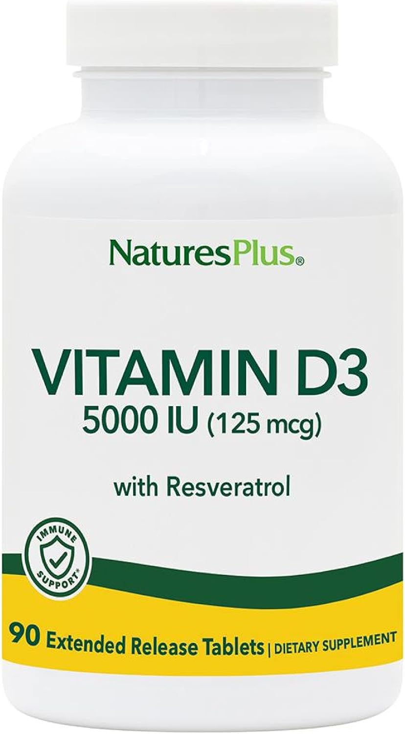NaturesPlus Vitamin D3, Extended Release - 90 Vegan Tablets - 5000 IU + 25 mg Trans-Resveratrol - Heart & Bone Health, Immune Support, Anti-Ageing - Gluten free - görsel 1