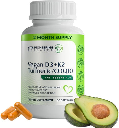 Vita Pioneering Research 5-in-1 Vitamin D3 2000IU + K2 MK-7 with Turmeric & CoQ10 - Enhanced Absorption with Avocado Powder