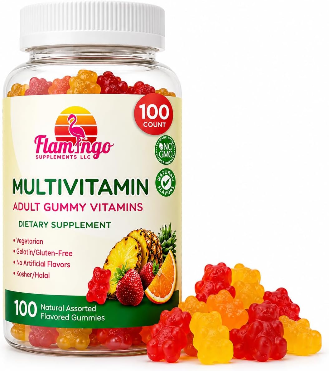 Flamingo Supplements Multivitamin Gummies | Vegan Friendly, Kosher Halal, No Gelatine, Non-GM | for Men, Women & Kids | 3 Natural Flavours | Vitamins C, B3, B12, Biotin, Zinc & More | 100 Gummies - görsel 1