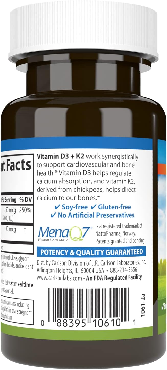 Carlson Vitamin D3 + K2, 2000 IU (50 mcg) with 90 mcg Vitamin K2 MK-7, 60 Capsules - görsel 3