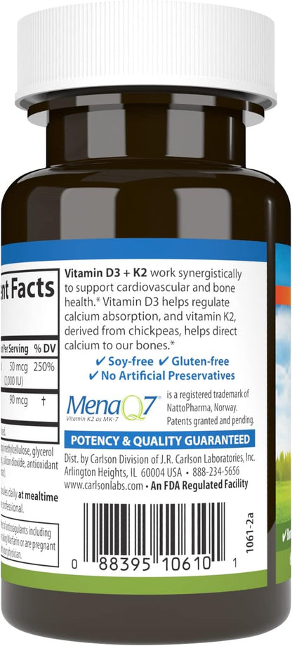 Carlson Vitamin D3 + K2, 2000 IU (50 mcg) with 90 mcg Vitamin K2 MK-7, 60 Capsules