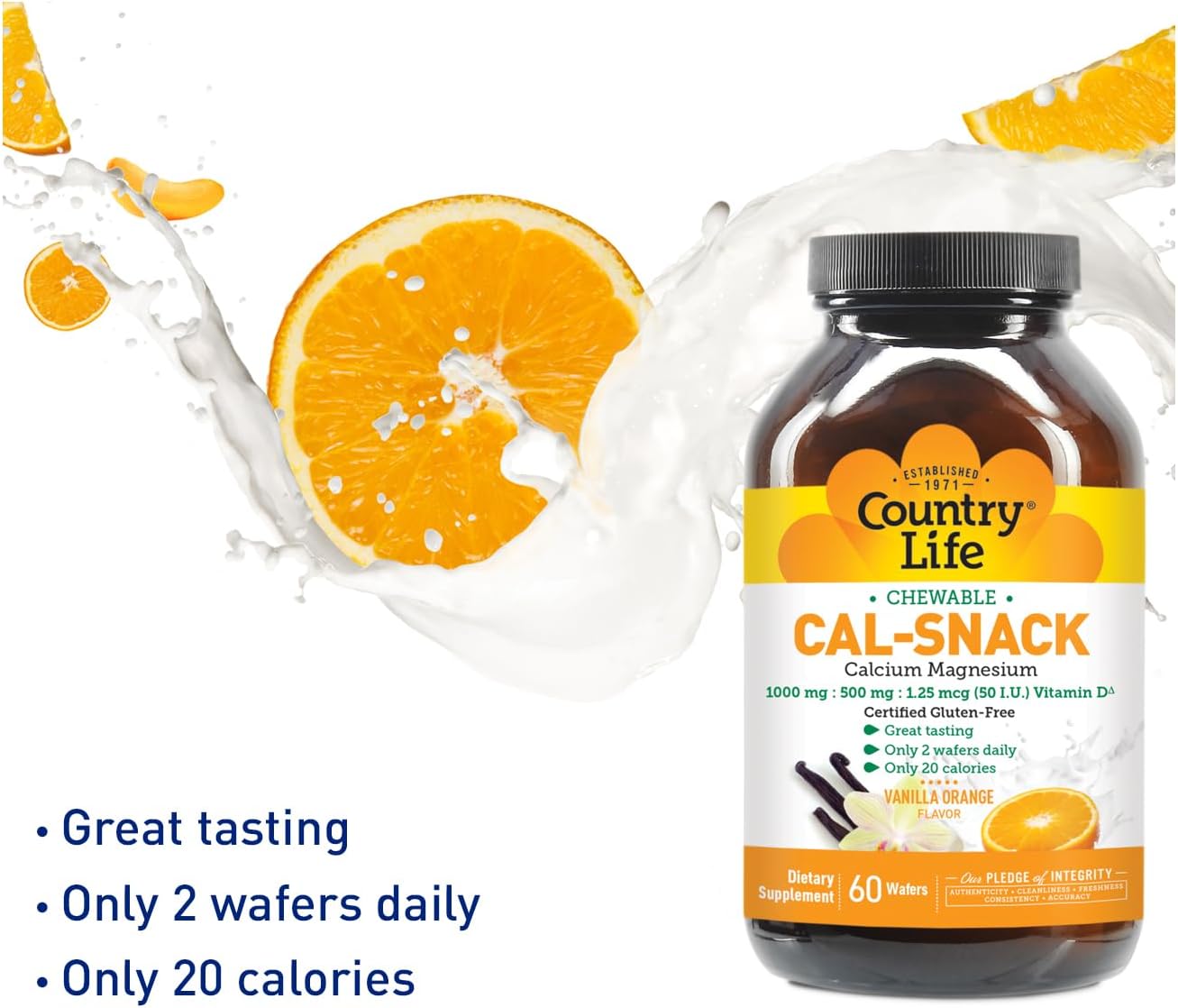 Country Life Cal-Snack Chewable Calcium, Magnesium & Vitamin D – 1000mg/500mg/50 IU – 60 Wafers - görsel 2