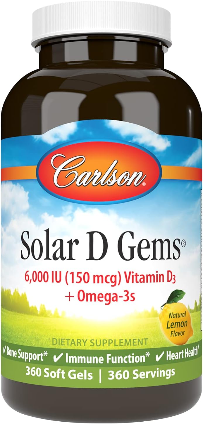 Carlson Solar D Gems, Vitamin D3 & Omega-3 Supplement, 6000 IU (150 mcg) Vitamin D3, 115 mg Omega-3s EPA and DHA, Lemon, 360 Softgels - görsel 1
