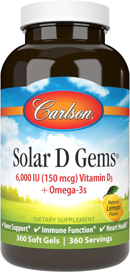 Carlson Solar D Gems, Vitamin D3 & Omega-3 Supplement, 6000 IU (150 mcg) Vitamin D3, 115 mg Omega-3s EPA and DHA, Lemon, 360 Softgels
