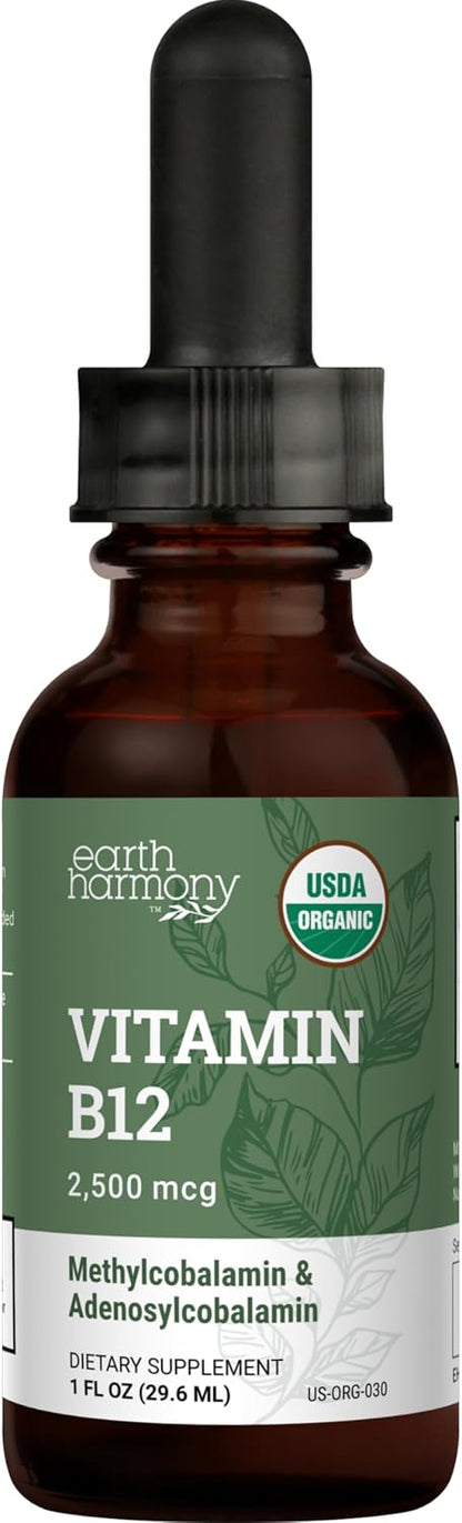 USDA Organic Vitamin B12 2000mcg Sublingual Liquid Supplement (2-Pack) - Vegan Methylcobalamin Drops for Natural Energy and Metabolism Support - 30 ml