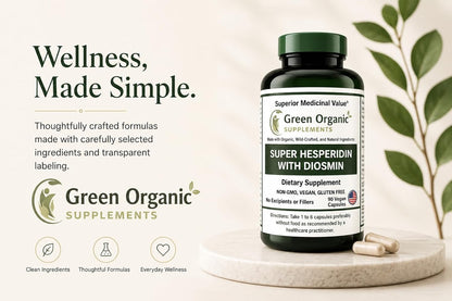 Green Organic Supplements Super Hesperidin with Diosmin, Narangin, Hand Made, Non-GM, Vegan & Gluten free