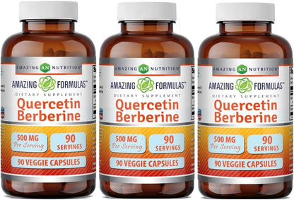 Amazing Formulas Quercetin Berberine – 250 mg Berberine & 250 mg Quercetin, 180 Vegie Capsules (2 Pack)