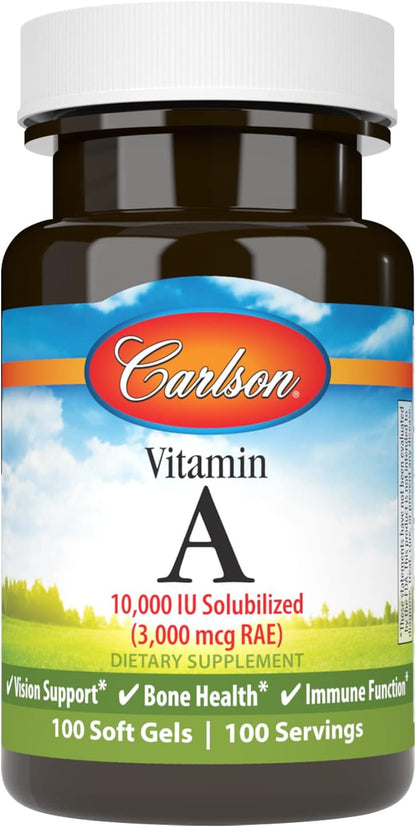 Carlson - Vitamin A Solubilised, 10000 IU (3000 mcg RAE), Water Soluble, Vision Health, 100 Softgels