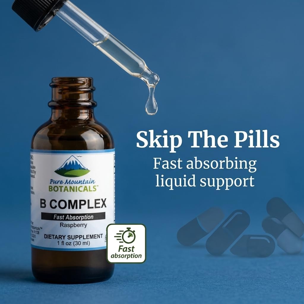 Pure Mountain Botanicals Liquid Vitamin B Complex - B12 B6 Drops - Raspberry Flavour - Kosher Non-GM - 30 Servings - görsel 3
