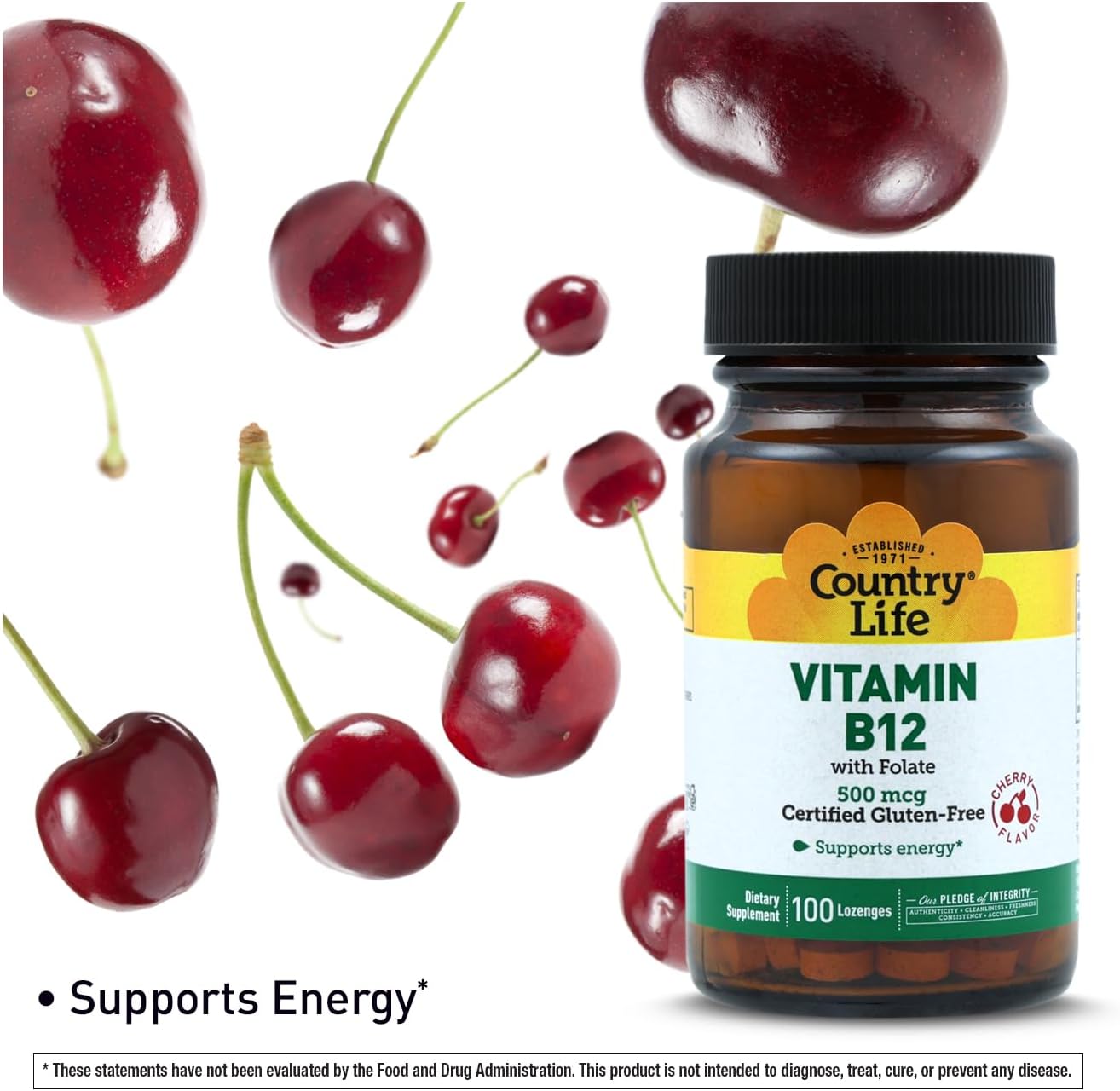 Country Life Vitamin B12 with Folate - 500mcg, 100 Lozenges - Supports Energy Metabolism & Red Blood Cell Formation - Vegan, Gluten Free, Non-GMO - görsel 2