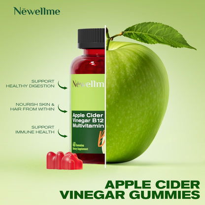 NEWELLME Apple Cider Vinegar Gummies with B12 - ACV Supplement Gummy Vitamins, Energy & Detox | Vegan, Non-GM & Gluten Free (60)