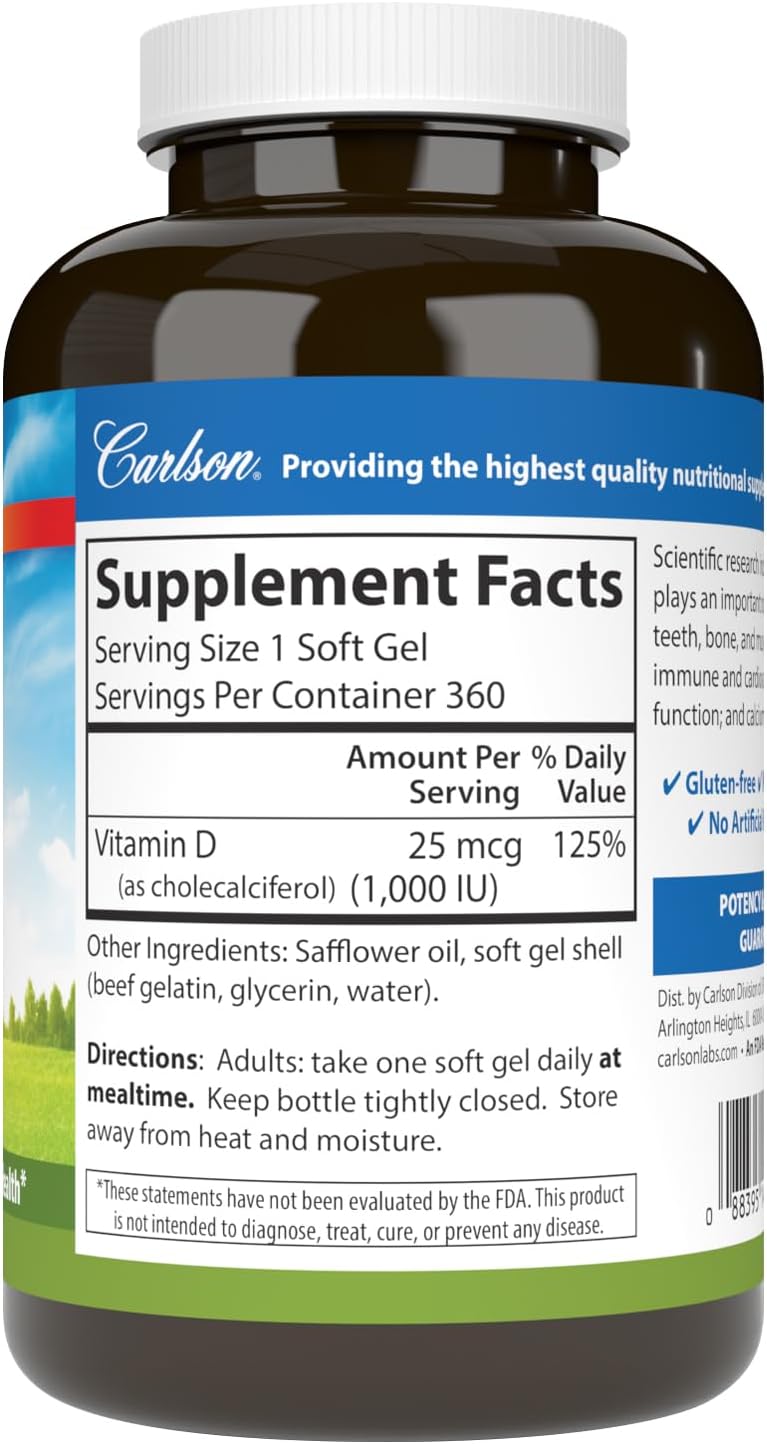 Carlson Vitamin D3 1000 IU (25 mcg) – 360 Softgel Capsules for Bone and Muscle Health - görsel 2