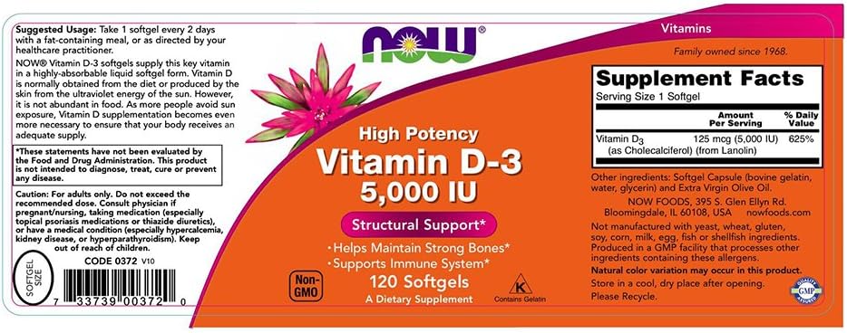 NOW Vitamin D-3 5,000 IU, 120 Softgels - görsel 3