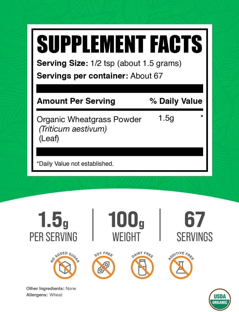 BulkSupplements.com Organic Wheatgrass Powder - Organic Super Greens Powder, Superfoods Supplement - Vegan & Gluten free, 1.5g per Serving, 100g (3.5 oz) - görsel 2