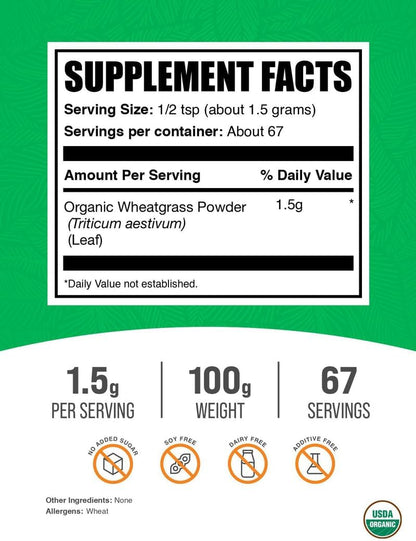 BulkSupplements.com Organic Wheatgrass Powder - Organic Super Greens Powder, Superfoods Supplement - Vegan & Gluten free, 1.5g per Serving, 100g (3.5 oz)