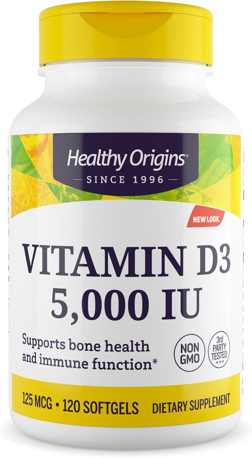 Healthy Origins Vitamin D3 5,000 IU - High Potency Softgels for Immune & Bone Support, Non-GMO, Gluten Free, 120 Count - görsel 1