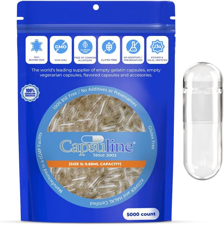 Capsuline Size 0 Empty Gelatine Capsules, Clear - 5000 Count | Gluten free, Kosher, Non-GM Certified | Pure Bovine Pill Caps for DIY Supplement Filling - görsel 1
