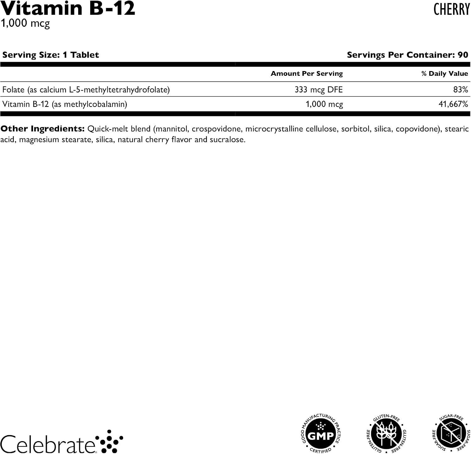 Celebrate Vitamins B-12 Quick Melt 1000 mcg with Folic Acid – 90 Tablets - görsel 3