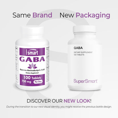 Supersmart - GABA 750mg per Day (High Strength) - Gamma-Amino Butyric Acid GABA Supplement | Non-GM & Gluten free - 100 Tablets