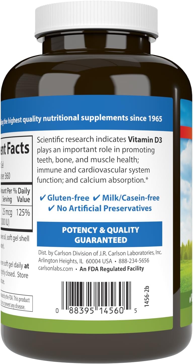 Carlson Vitamin D3 1000 IU (25 mcg) – 360 Softgel Capsules for Bone and Muscle Health - görsel 3