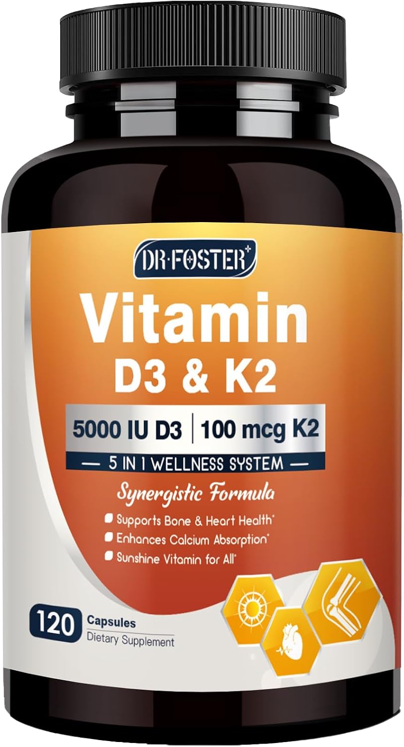 DRFOSTER Vitamin D3 & K2 Supplement - 5000 IU D3 + 100 mcg K2 (MK-7) with Vitamin E, Folic Acid & Methyl B12 - 120 Capsules – Image 1