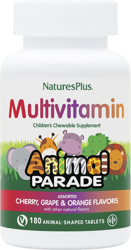 NaturesPlus Animal Parade Children's Chewable Multivitamin - 180 Animal-Shaped Tablets (Pack of 3) - Natural Assorted Flavours - Vegan, Gluten free - 270 Servings