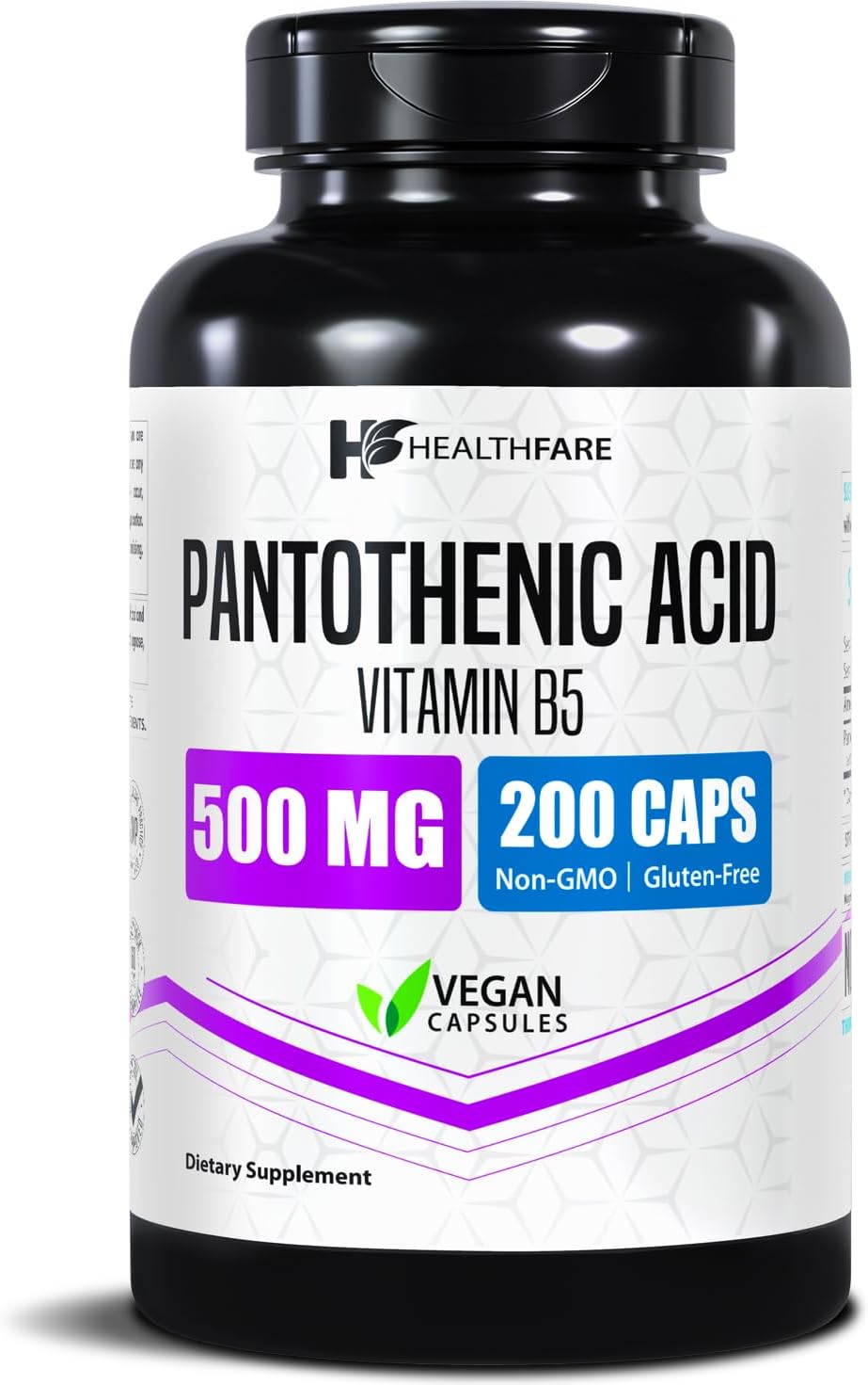 Healthfare Pantothenic Acid 500mg Vitamin B5 Supplement – 200 Vegan Capsules – Extra Strength Energy & Metabolism Support – Non-GM, Gluten free – Manufactured in the USA - görsel 1