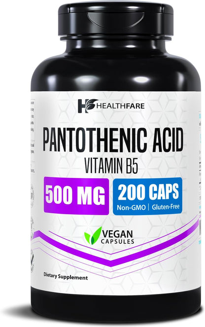 Healthfare Pantothenic Acid 500mg Vitamin B5 Supplement – 200 Vegan Capsules – Extra Strength Energy & Metabolism Support – Non-GM, Gluten free – Manufactured in the USA