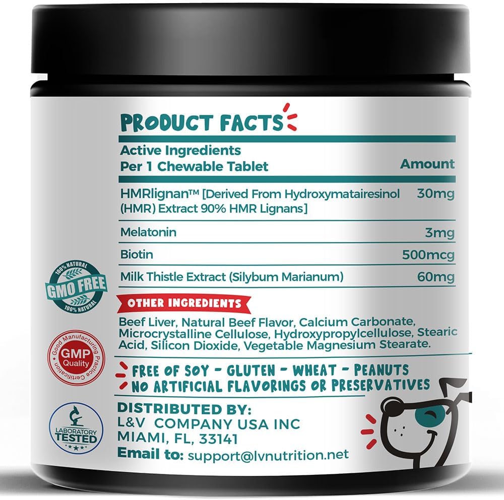 HMR Lignan + Melatonin + Biotin + Milk Thistle for Dogs | 4-in-1 Formula | 90 Chewable Tablets | Natural Beef Flavour - görsel 2