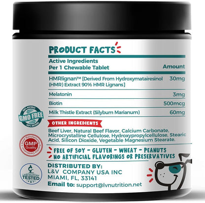 HMR Lignan + Melatonin + Biotin + Milk Thistle for Dogs | 4-in-1 Formula | 90 Chewable Tablets | Natural Beef Flavour