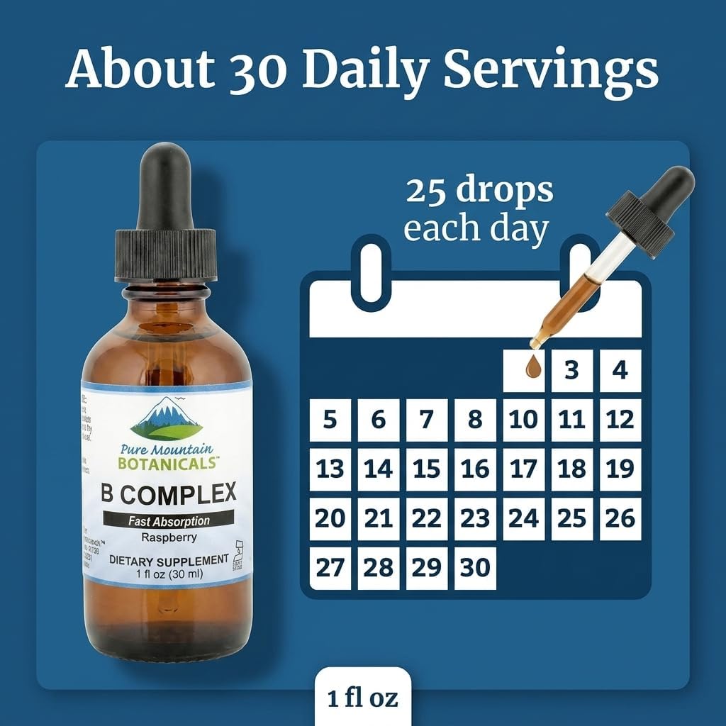 Pure Mountain Botanicals Liquid Vitamin B Complex - B12 B6 Drops - Raspberry Flavour - Kosher Non-GM - 30 Servings - görsel 5