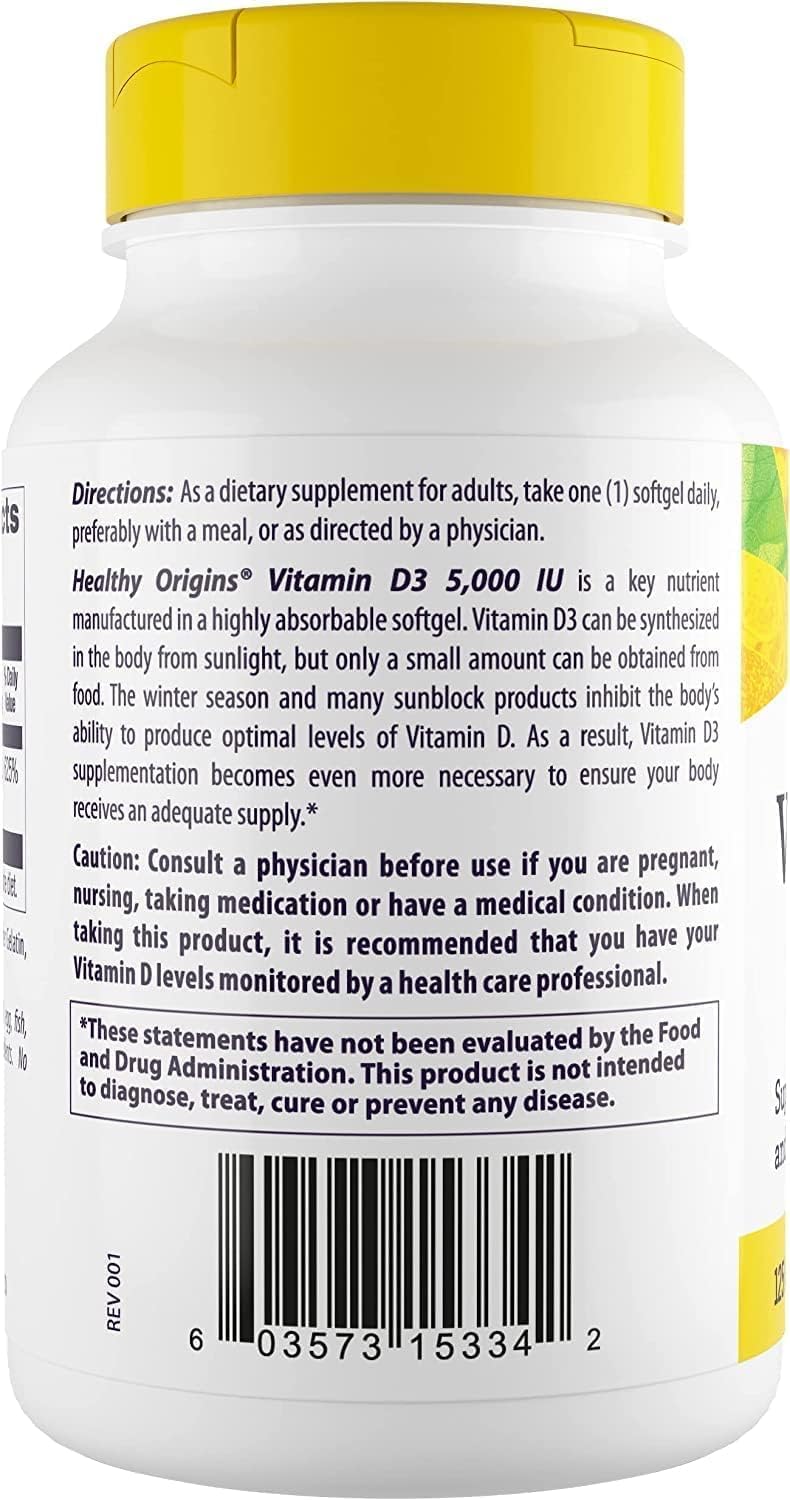 Healthy Origins Vitamin D3 5,000 IU - High Potency Softgels for Immune & Bone Support, Non-GMO, Gluten Free, 120 Count - görsel 3