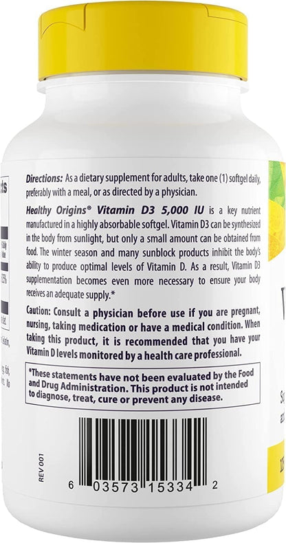 Healthy Origins Vitamin D3 5,000 IU - High Potency Softgels for Immune & Bone Support, Non-GMO, Gluten Free, 120 Count