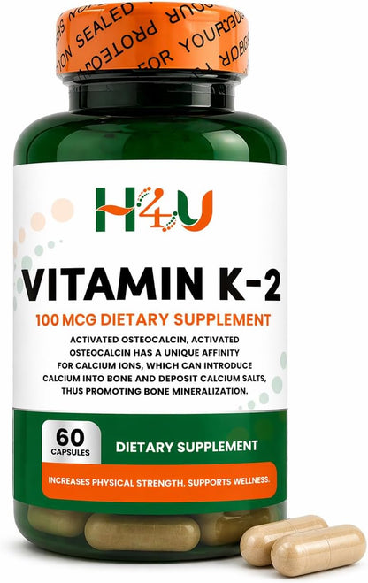 H4U Vitamin K2 MK-7 100 mcg – 60 Veg Capsules – Bone & Heart Health Support