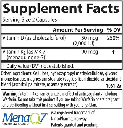 Carlson Vitamin D3 + K2, 2000 IU (50 mcg) with 90 mcg Vitamin K2 MK-7, 60 Capsules