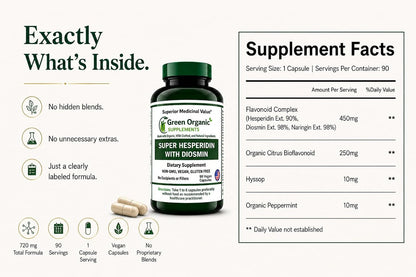 Green Organic Supplements Super Hesperidin with Diosmin, Narangin, Hand Made, Non-GM, Vegan & Gluten free