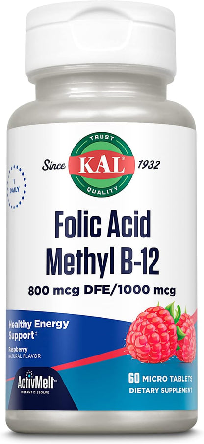 Kal 800 mcg Folic Acid with Methyl B-12 Tablets, Raspberry Flavour, 60 Count