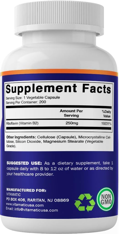 Vitamin B2 (Riboflavin) 250 mg, 200 Vegetarian Capsules - Supports Energy Metabolism, Nervous System Health, Skin & Eye Health, Antioxidant Support - Non GMO, Gluten free