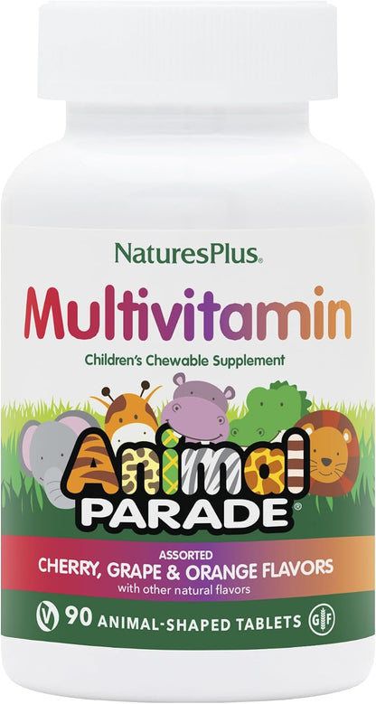 NaturesPlus Animal Parade Children's Chewable Multivitamin - 180 Animal-Shaped Tablets (Pack of 3) - Natural Assorted Flavours - Vegan, Gluten free - 270 Servings