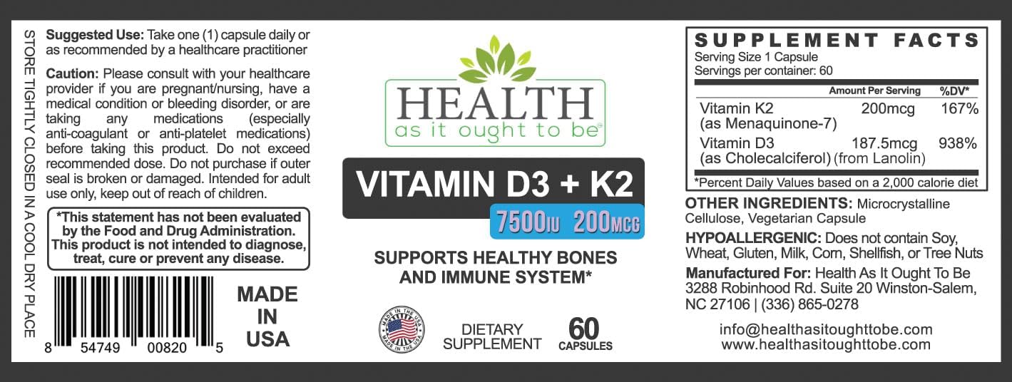 Health As It Ought To Be D3+K2 Supplement: Vitamin D3 7500 IU + K2 200 mcg, 60 Capsules - görsel 2