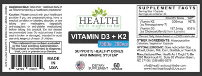 Health As It Ought To Be D3+K2 Supplement: Vitamin D3 7500 IU + K2 200 mcg, 60 Capsules