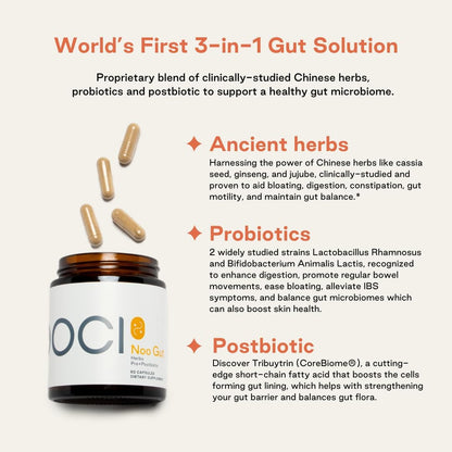 NOOCI NOO Gut, Gut + Skin: 3-in-1 Gut Health Supplement with Herbs, Probiotic & Postbiotic, 60 Vegan Capsules