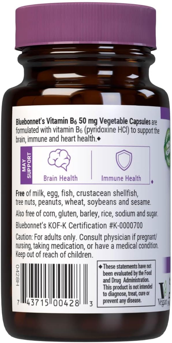 Bluebonnet Nutrition Vitamin B6 50mg - Vegan, Non-GMO, Gluten-Free Energy Support - 90 Capsules - görsel 3