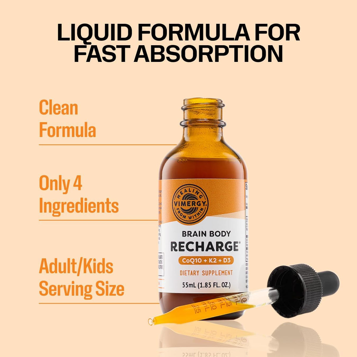 Vimergy Brain Body Recharge – Vitamin D3, K2 & CoQ10 Liquid Supplement (55mL) – Image 2