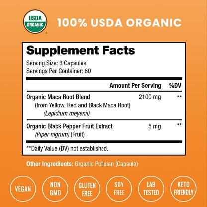 NutraChamps USDA Organic Maca Root Capsules, 2100mg, 180 Capsules