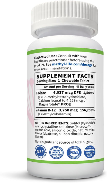 Methyl-Life® B-Methylated Chewable – 3 mg L-Methylfolate + Methyl B12 Sublingual Tablets (Methylcobalamin) | Active Folate & Vitamin B12 | Vegan, Non-GM, Gluten free