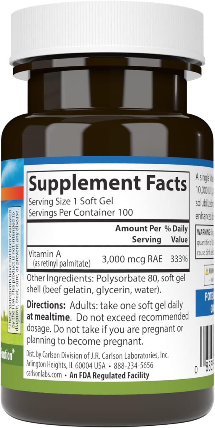 Carlson - Vitamin A Solubilised, 10000 IU (3000 mcg RAE), Water Soluble, Vision Health, 100 Softgels - görsel 2
